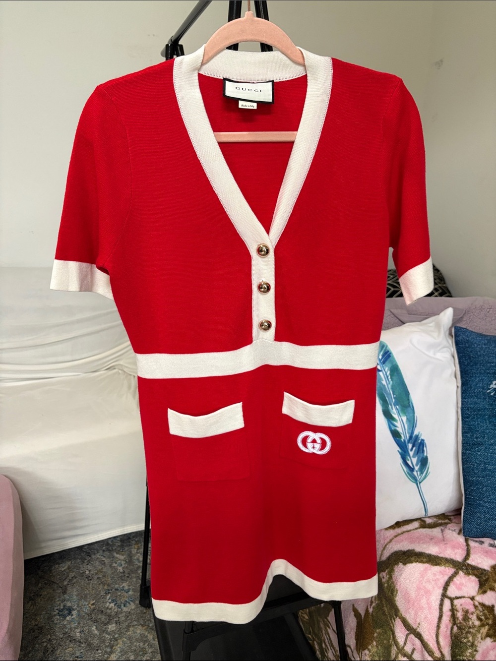 Gucci Red and White V-Neck Short-Sleeve Knit Dress